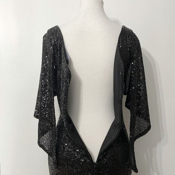 DALIA MACPHEE BLACK SEQUIN FLUTTER SLEEVE RUFFLE COCKTAIL EVENING DRESS - L - Picture 6 of 10